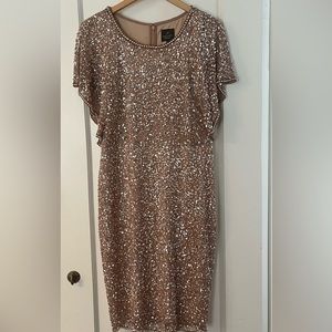Beaded and sequined rose gold cocktail dress.
